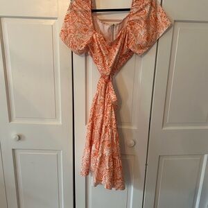 Orange Ruffled Wrap Mini Dress with Puff Sleeves